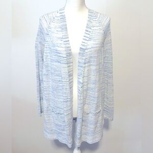 Talbots Linen & Cotton Open Front Tunic Cardigan. Light Blue/White. Size Medium